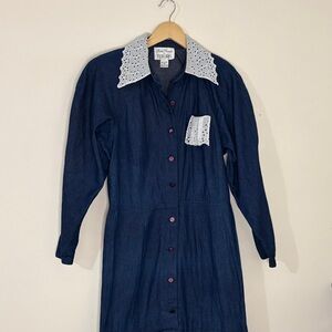 Vintage Richie Freeman for Teri Jon Denim Eyelet Collar Prairie Dress Cottage 12